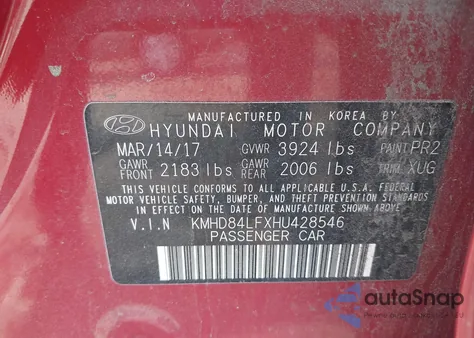 2017 Hyundai Elantra Se from USA, damaged, VIN KMHD84LFXHU428546